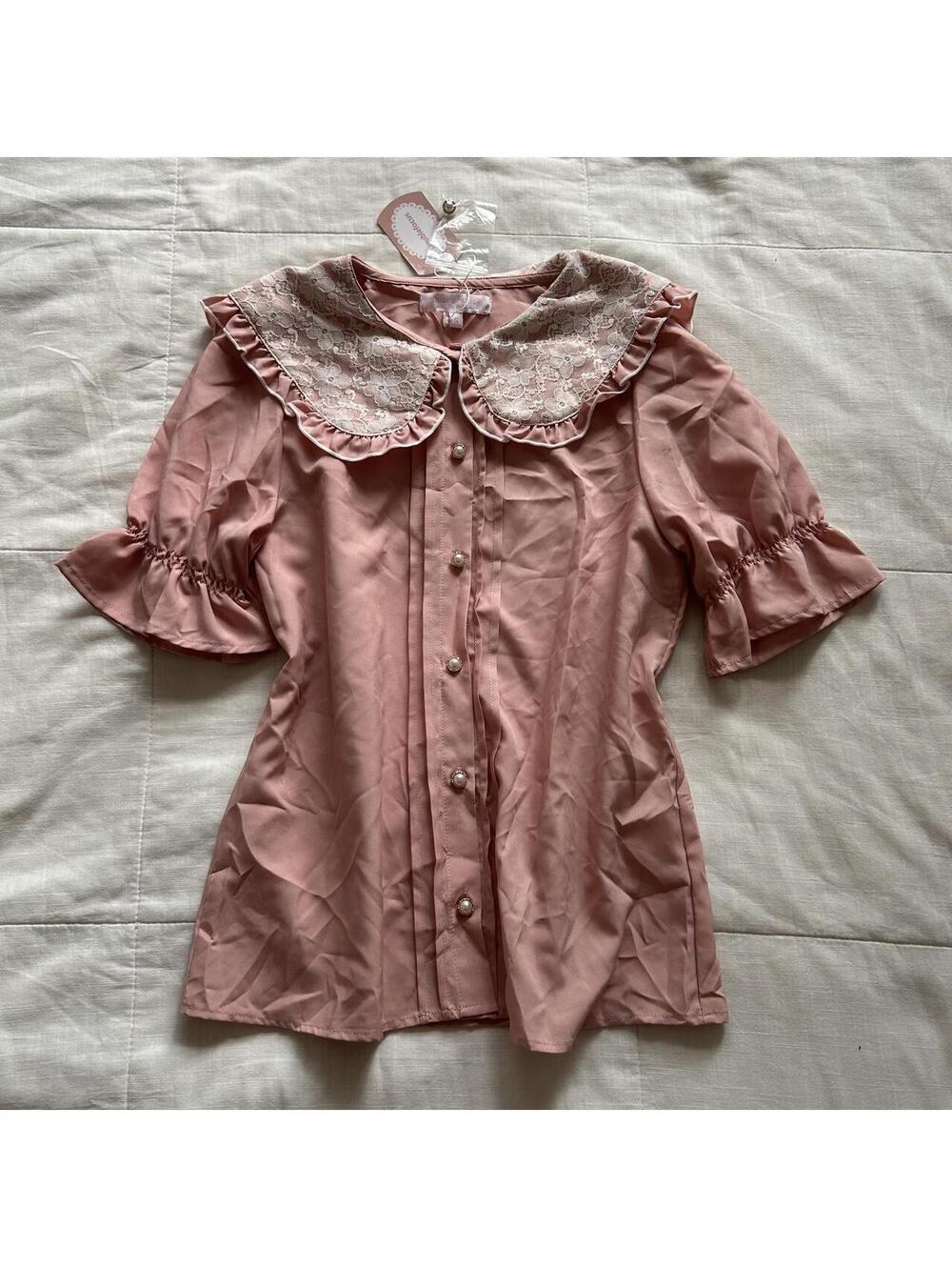 Japanese Pink Floral Lace Peter Pan Collar Puff Sleeve Pearl Blouse S NWT